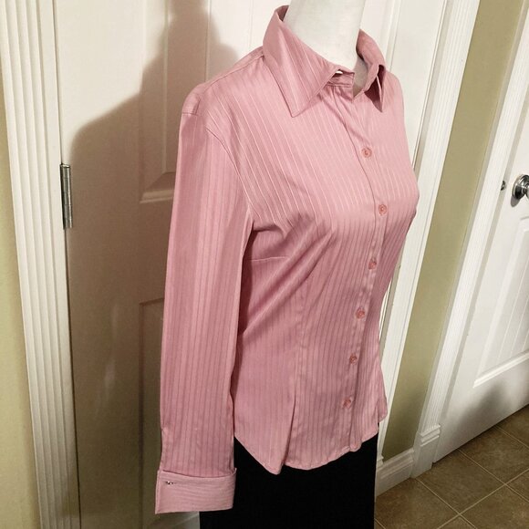 JESSICA Dusty rose pink vertical striped button-down shirt ~ MEDIUM LARGE blouse - Picture 4 of 14